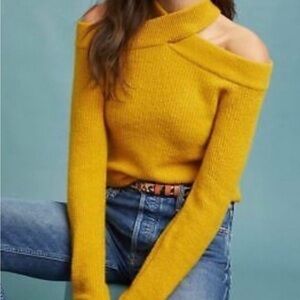 Anthropologie XL Moth Yellow Crossover neck Cold Shoulder Sweater knit wool blen